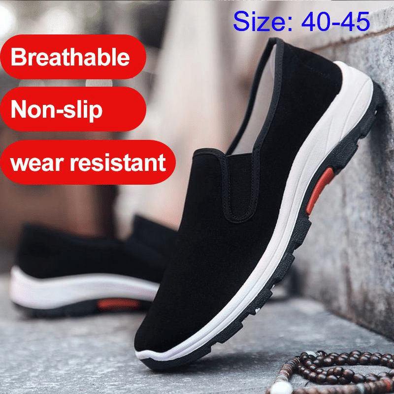 Men's Classic Black Laceless Canvas Loafers - Comfortable Rubber Flat Casual Shoes