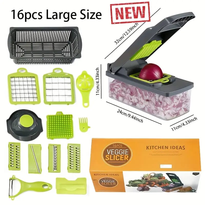16-Piece Multifunction Vegetable Slicer & Chopper with Drain Basket
