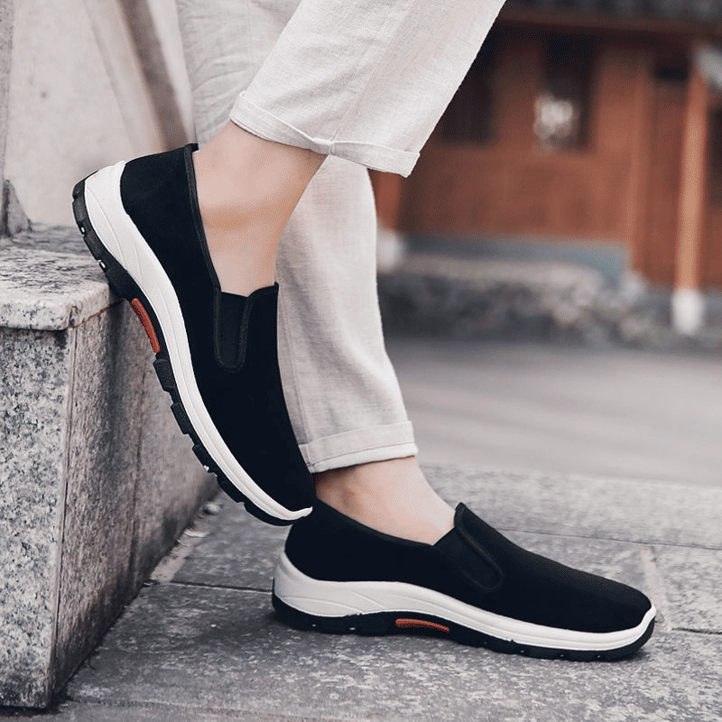 Men's Classic Black Laceless Canvas Loafers - Comfortable Rubber Flat Casual Shoes