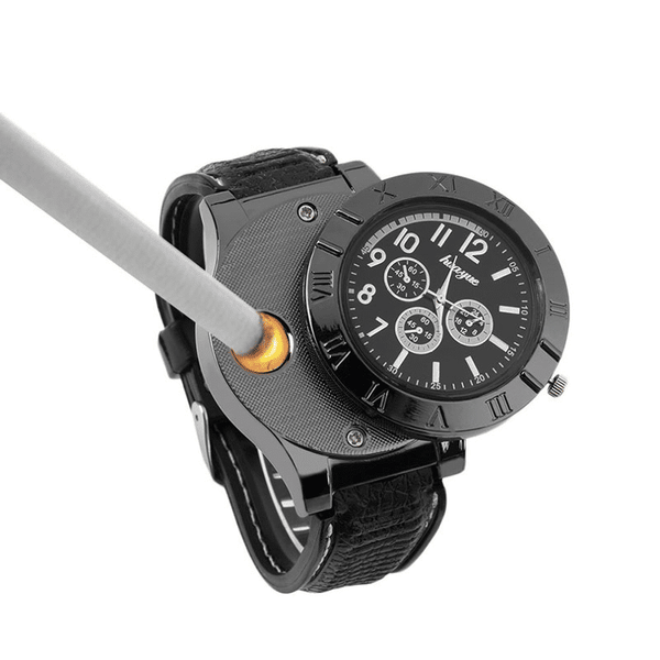 Men's Military Style Electronic Watch with Windproof Flameless Cigarette Lighter