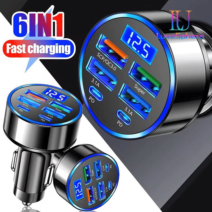 100W Fast Charging USB-C Car Charger Multi-Port Power Adapter Digital Display