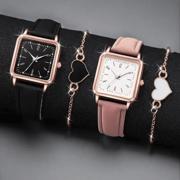 ZHJH 4-Piece Couple Quartz Watch and Bracelet Set Black Pink