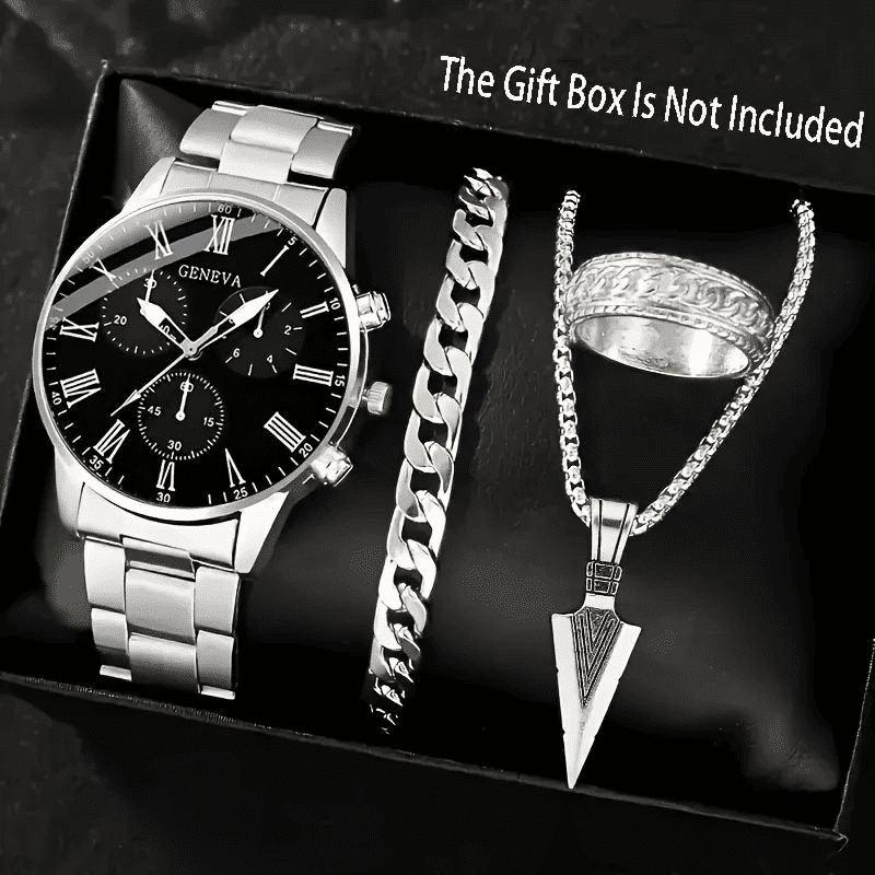 4-Piece Men's Quartz Watch Gift Set with Steel Accessories