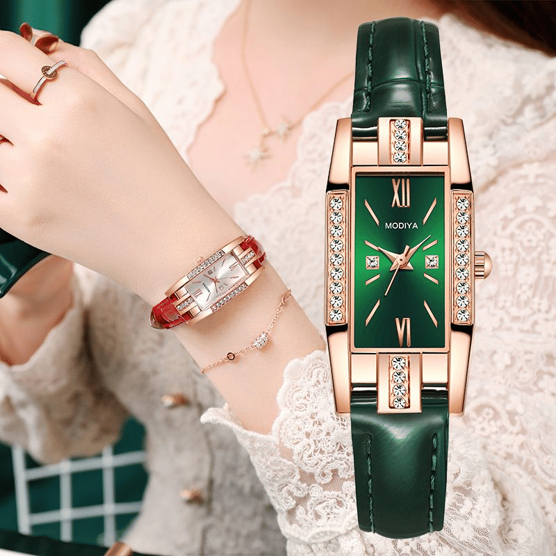 Elegant UPHUI 5-Piece Women's Diamond Square Quartz Watch & Matching Jewelry Set