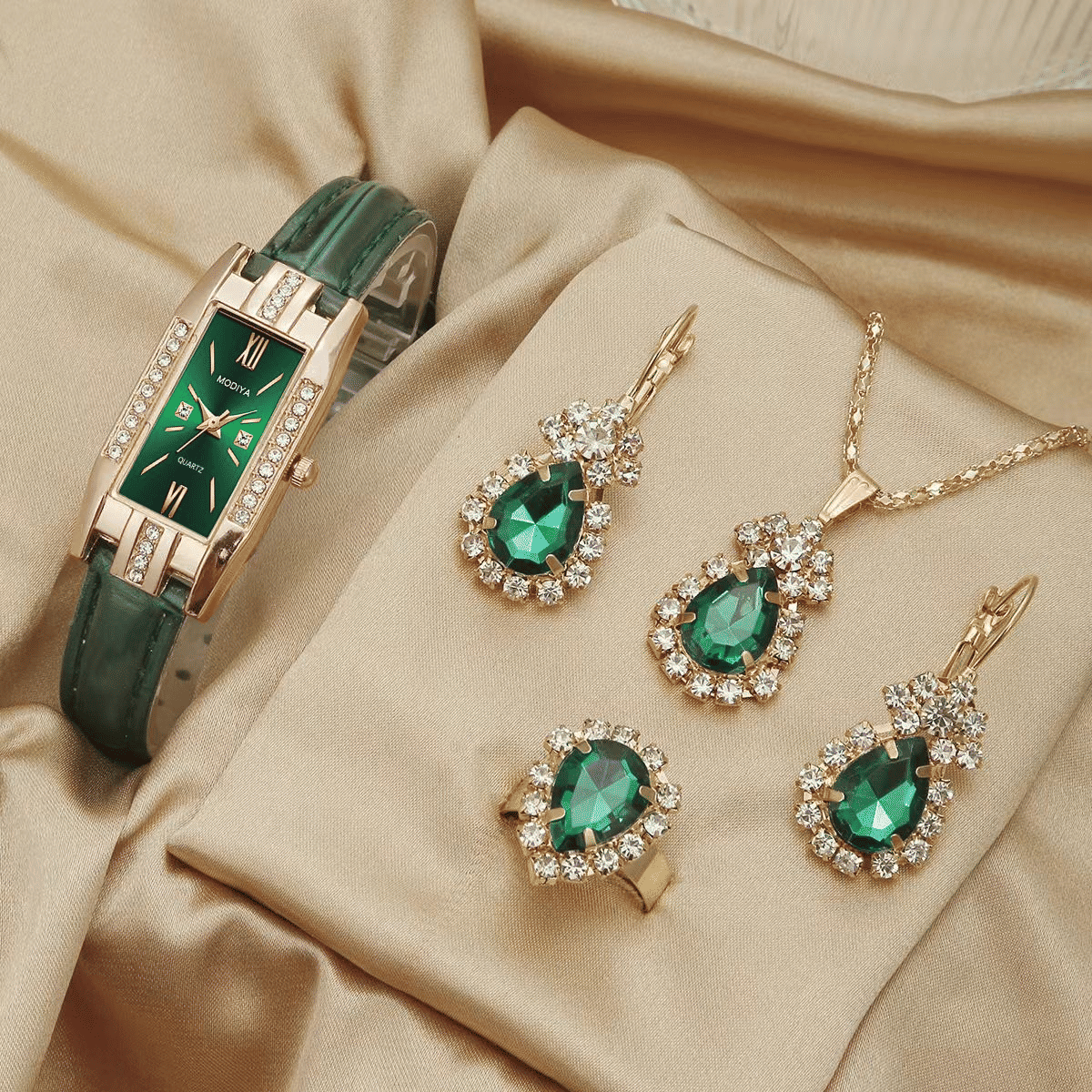 Elegant UPHUI 5-Piece Women's Diamond Square Quartz Watch & Matching Jewelry Set