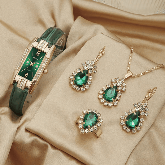 Elegant UPHUI 5-Piece Women's Diamond Square Quartz Watch & Matching Jewelry Set