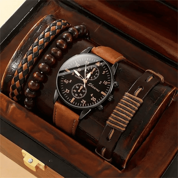 Men's Luxury Quartz Wrist Watch and Bracelet 4-Piece Gift Set