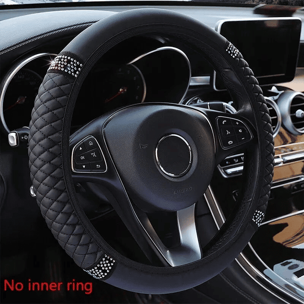 Non-Slip Leather Car Steering Wheel Cover Diamond Embellished Breathable 37-38cm