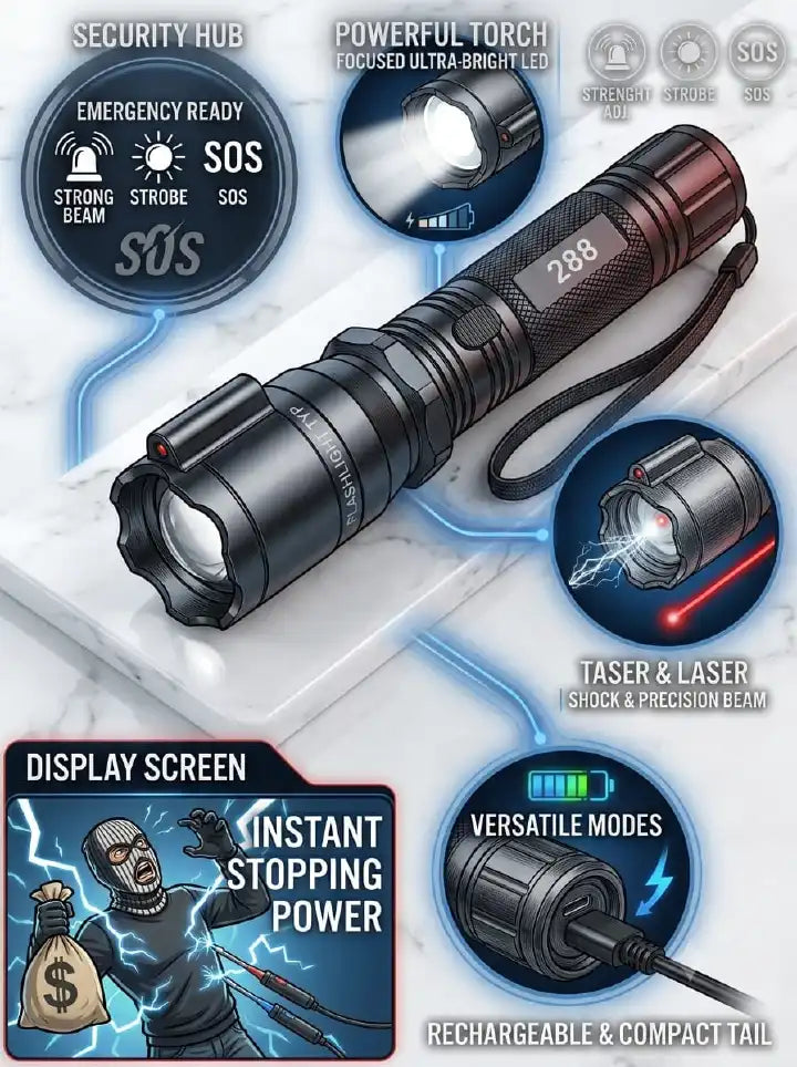 Electro Shocker Self-Defense LED Flashlight – High-Voltage Stun Device with Laser Pointer