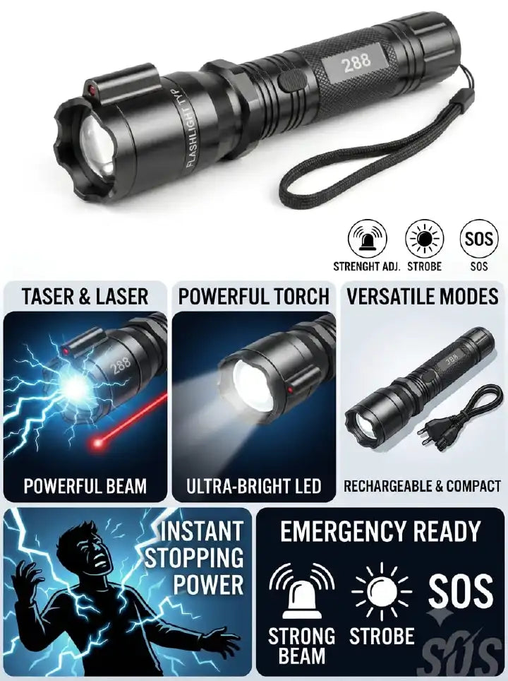 Electro Shocker Self-Defense LED Flashlight – High-Voltage Stun Device with Laser Pointer